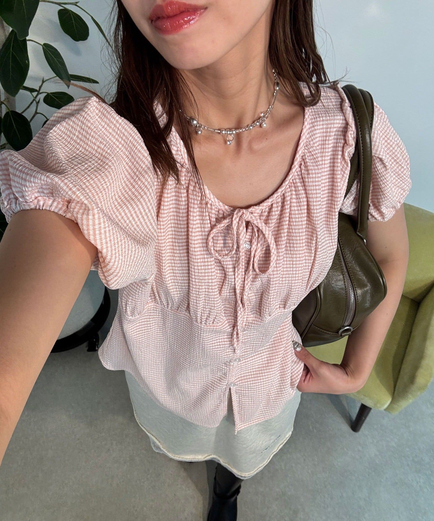 neutral】ギンガムチェックパフスリーブリボンブラウス | CIAOPANIC