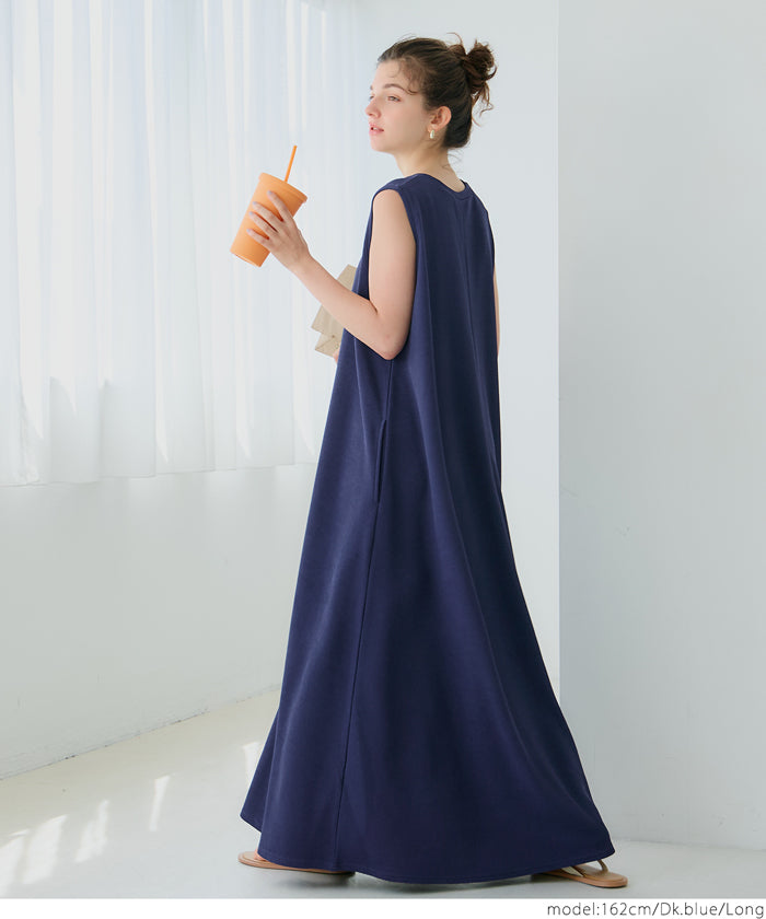 エンボス加工マキシ丈ノースリーブワンピース レディース メール便不可