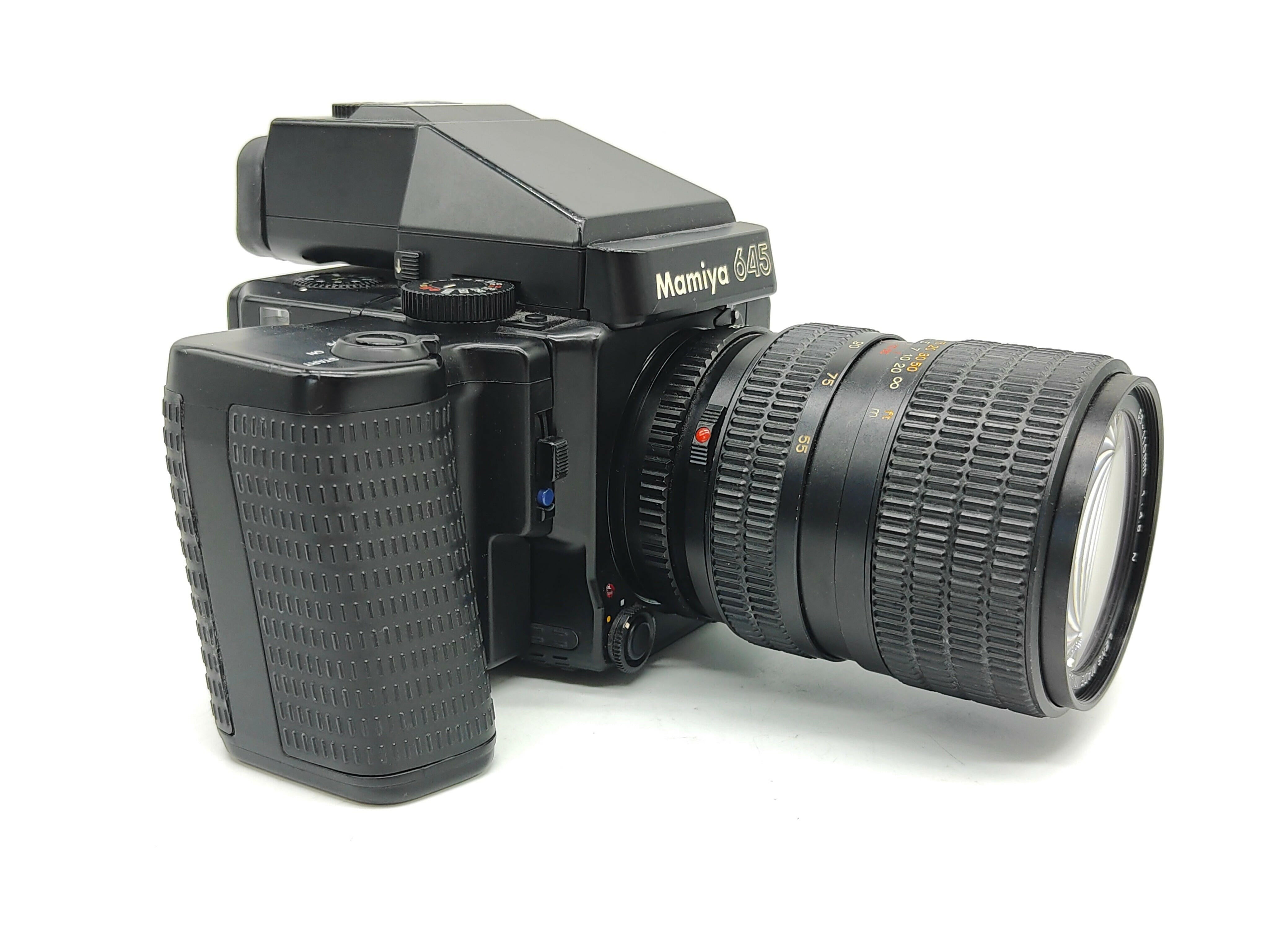 Mamiya 645 Super medium-format camera with 55-110mm lens, AE prism