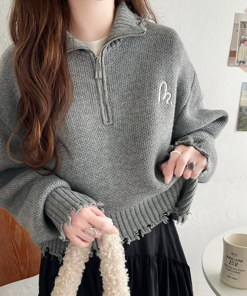 mily bilet】大人可愛いクラッシュトップス。ダメージハーフジップ胸