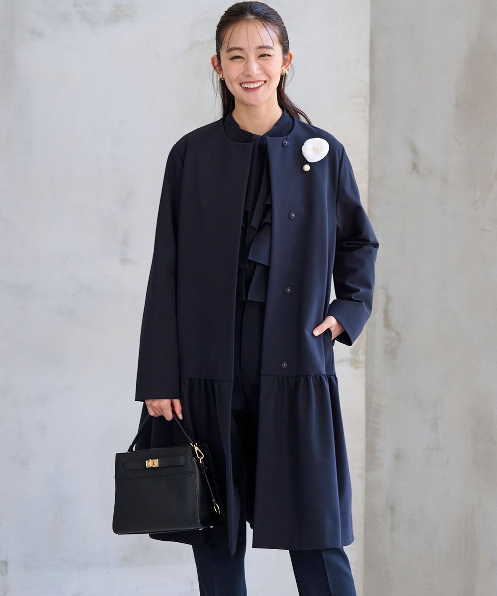 希少 ドゥーズィエムクラス ロング ノーカラー コート 紺 ウール