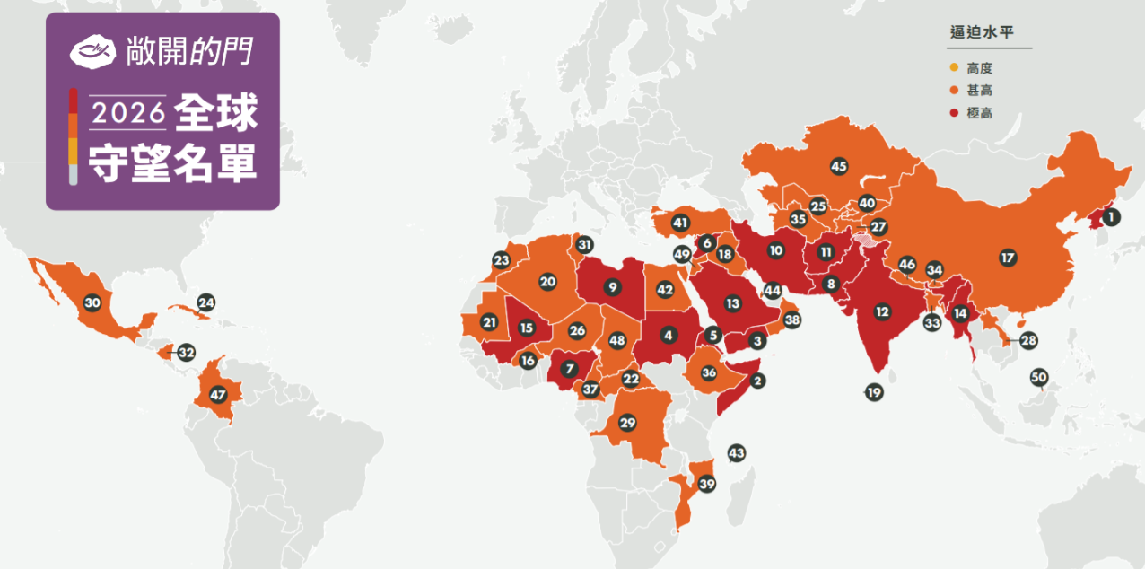 敞開的門公布2026年「全球守望名單」 全球基督徒受迫害人數攀升800萬