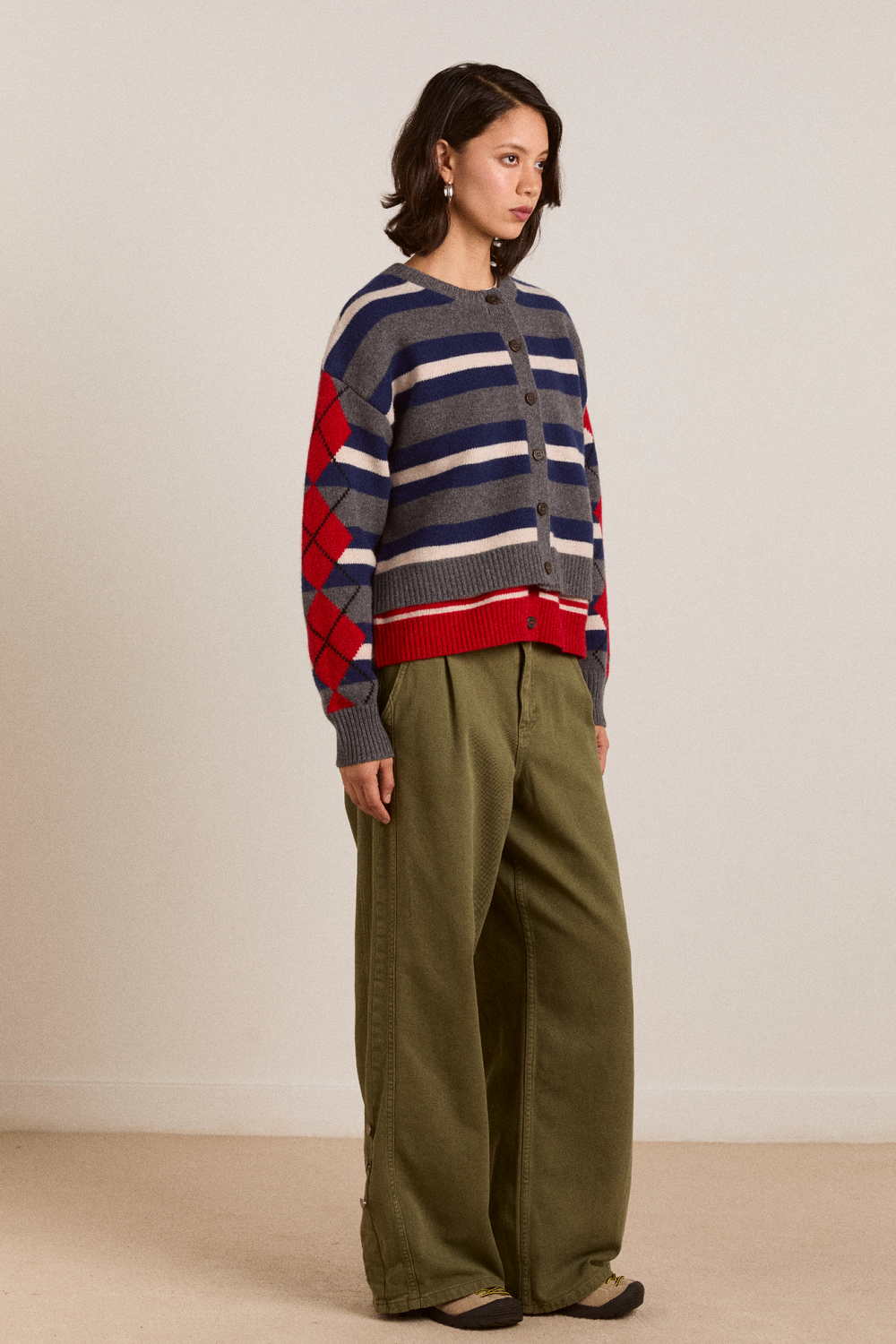 didi merino wool double cardigan - navy argyle & stripe – Damson