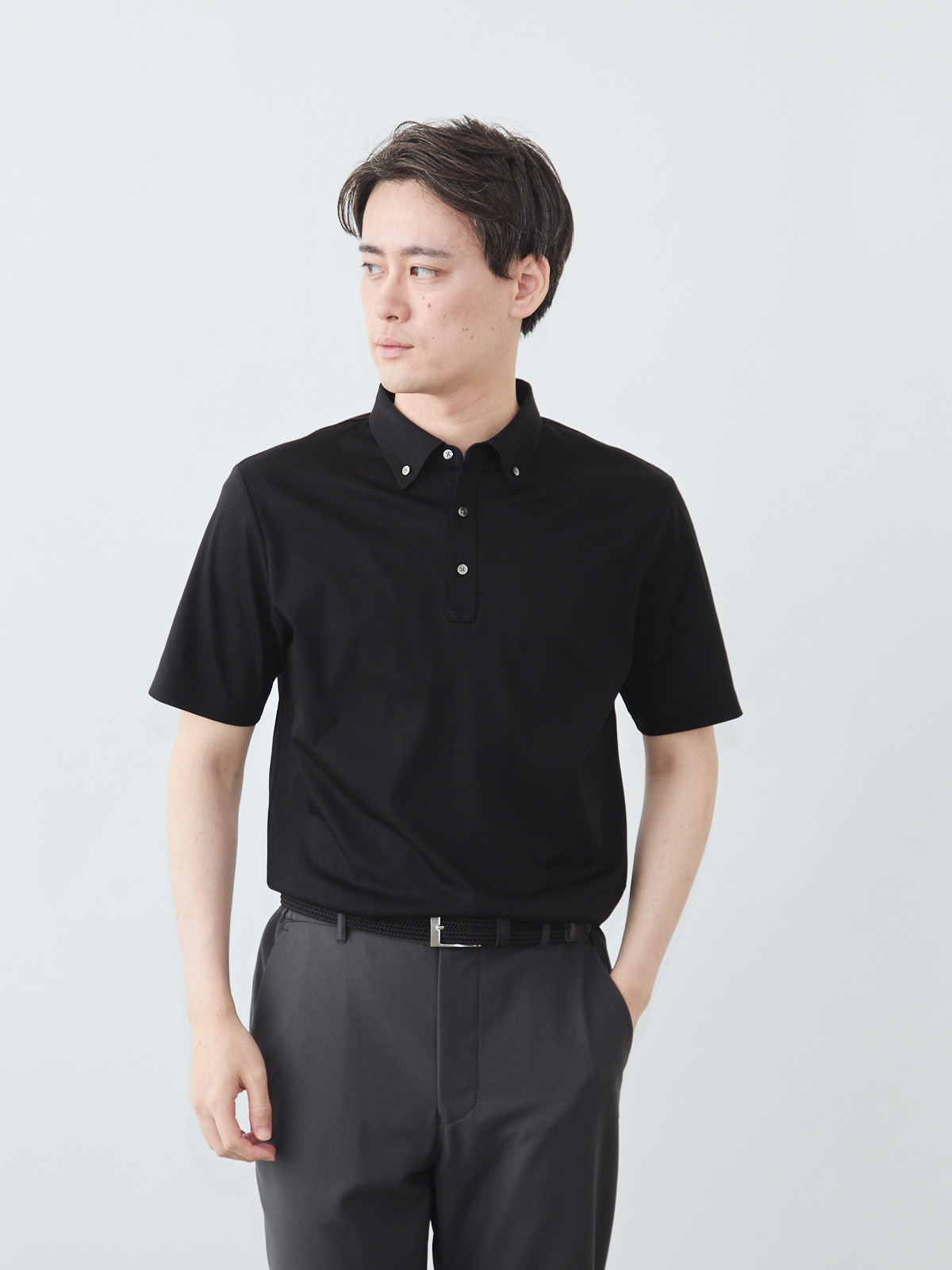 上質コットン100%のドレスポロシャツ/ボタンダウン/ブラック