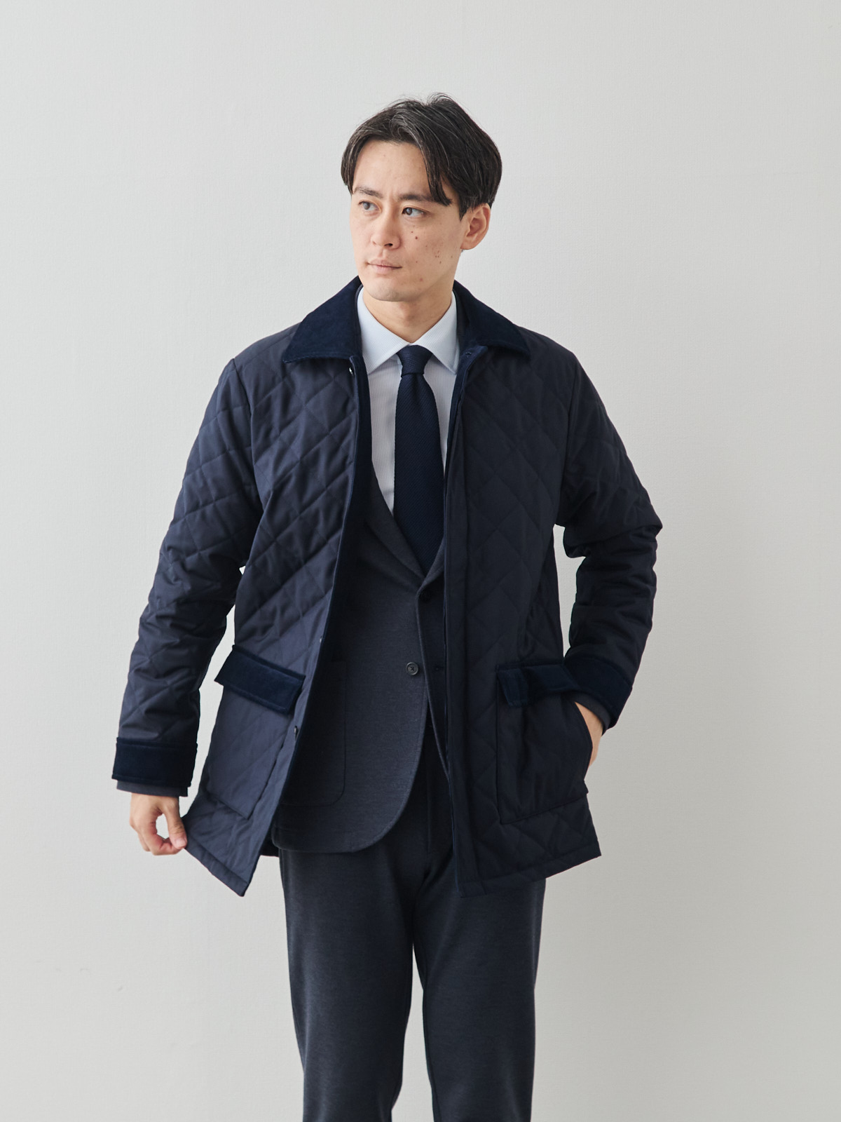 7 Days ウールライク キルティングジャケット/ウォッシャブル/ネイビー