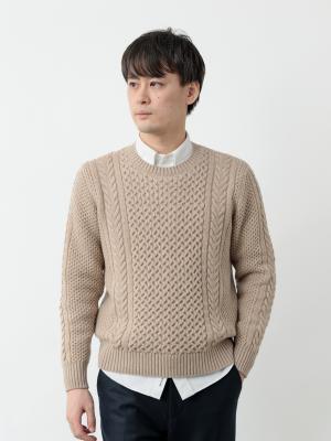 ウォッシャブルウール100% 軽量ケーブル編みニット/ベージュ