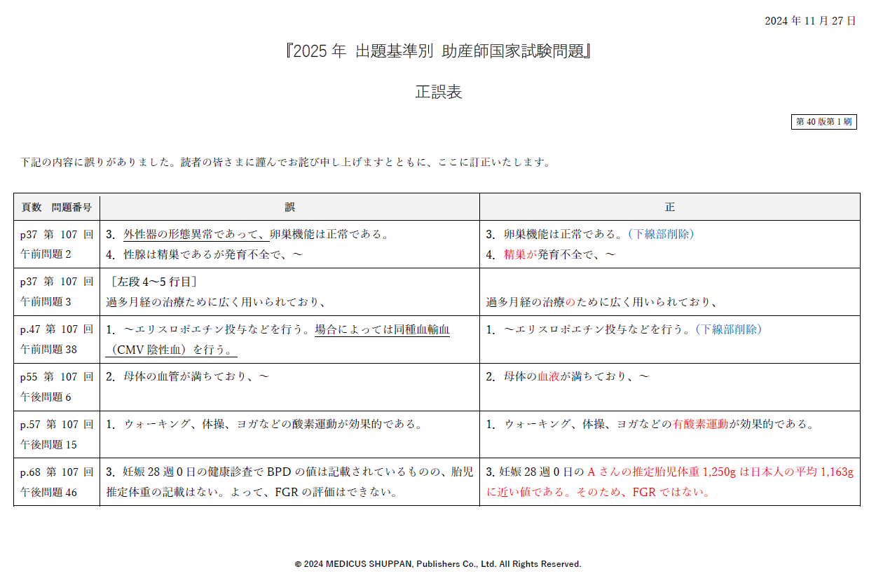 2025年 出題基準別 助産師国家試験問題』｜正誤表（2024/11/27）｜第