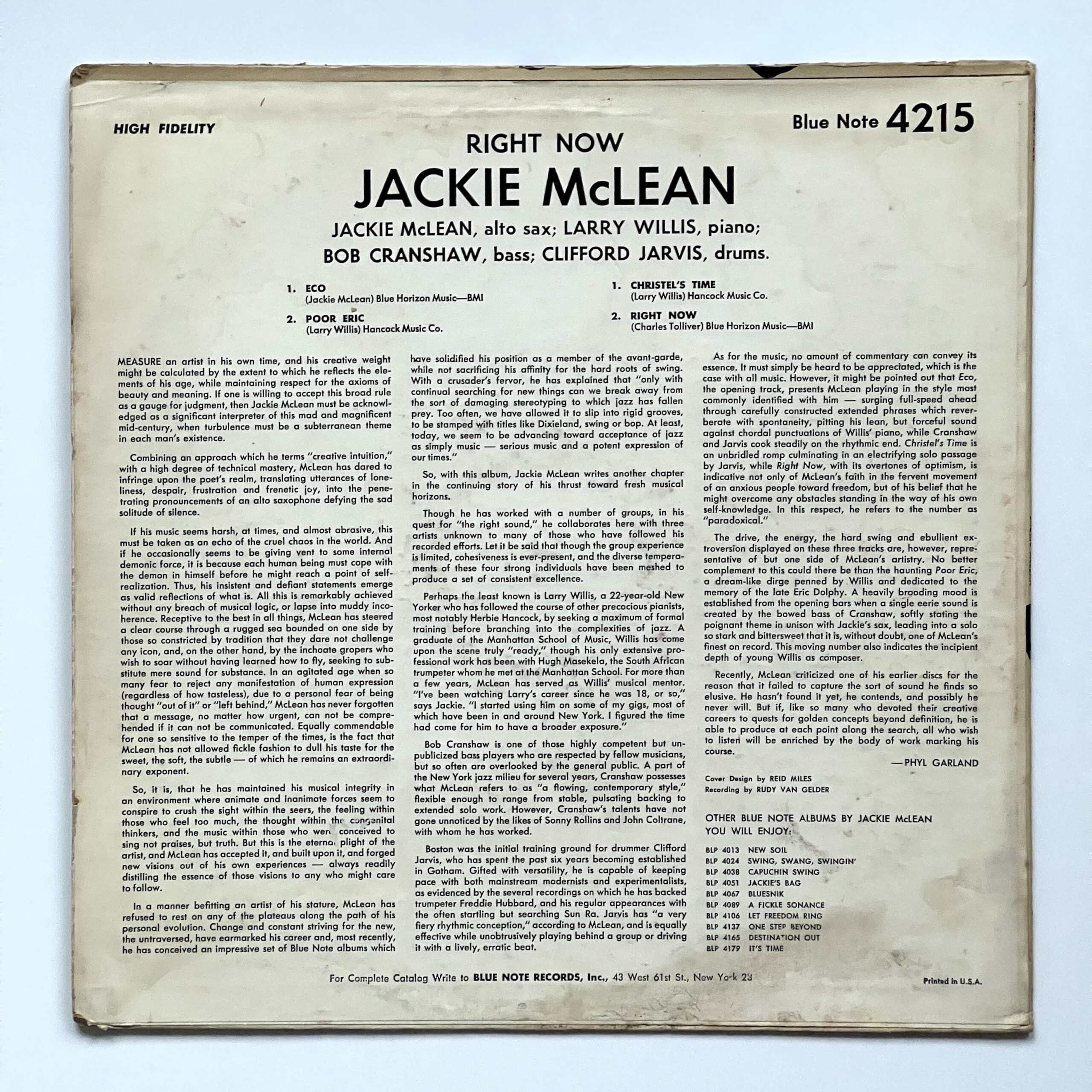 Jackie McLean, Right Now (Blue Note 4215) Original Mono Pressing