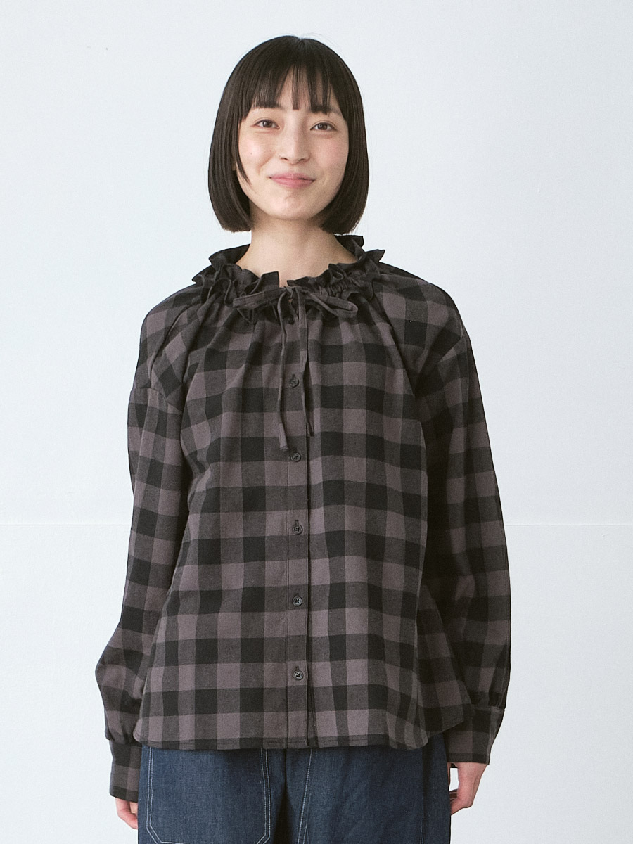 襟フリル＆リボンブラウス 綿ブロックチェック | シャツBLナガソデ