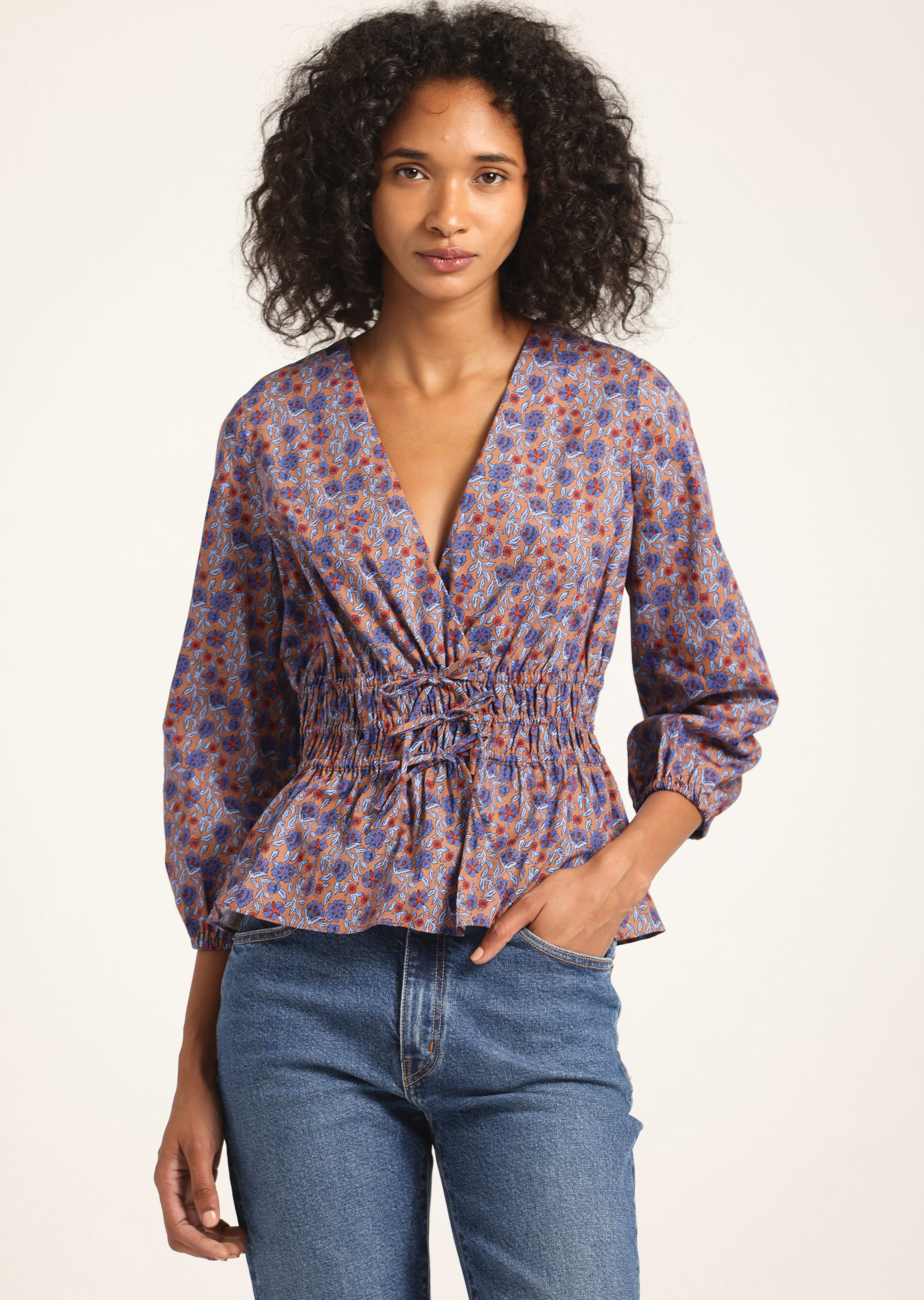 Lilith V-Neck Blouse - Dark Mocha Multi Floral – Derek Lam