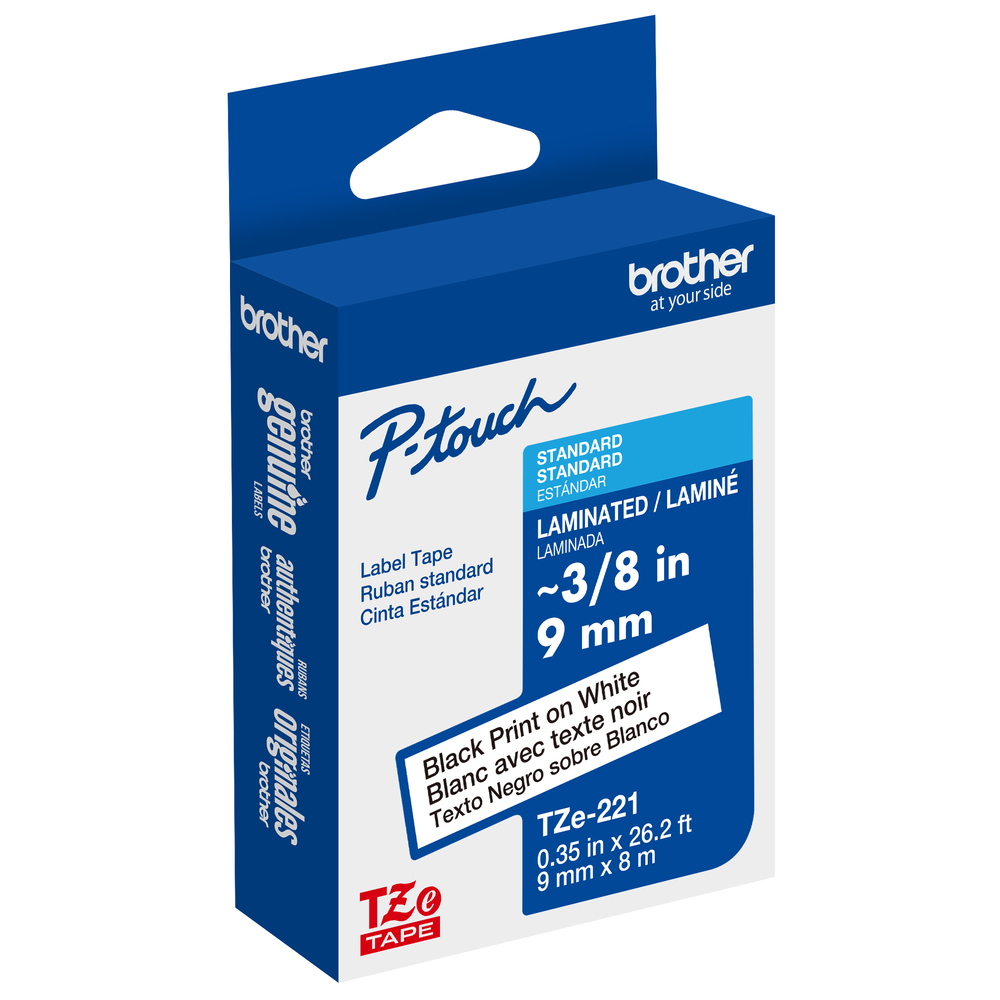 TZe-221 - 9mm Black on White Laminated Label Tape