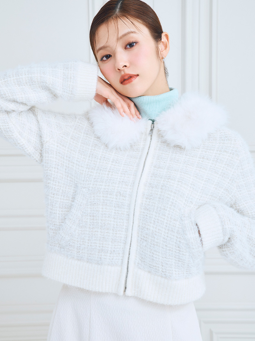 ファー衿付きツイードニットブルゾン(ジャケット・ブルゾン)｜OUTER