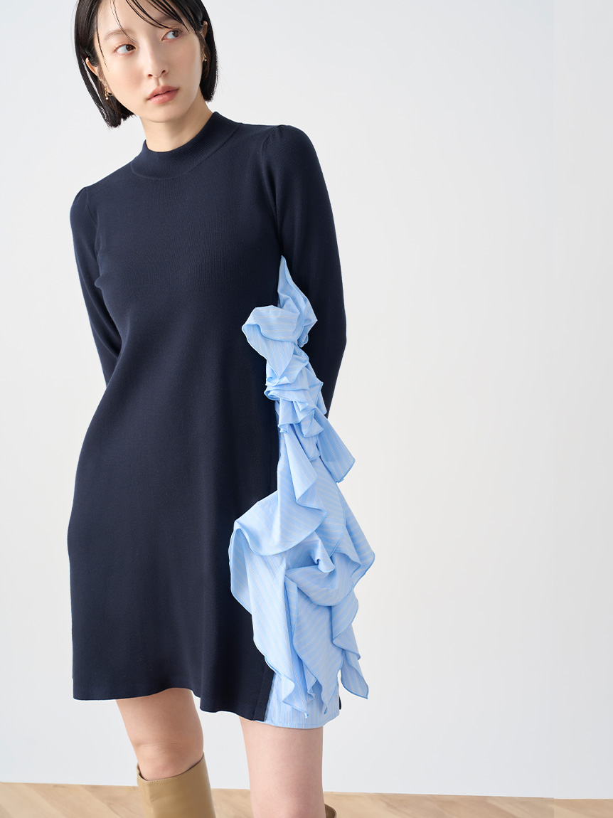 ラッフルデザインドッキングニットワンピ(デイリーワンピース)｜DRESS