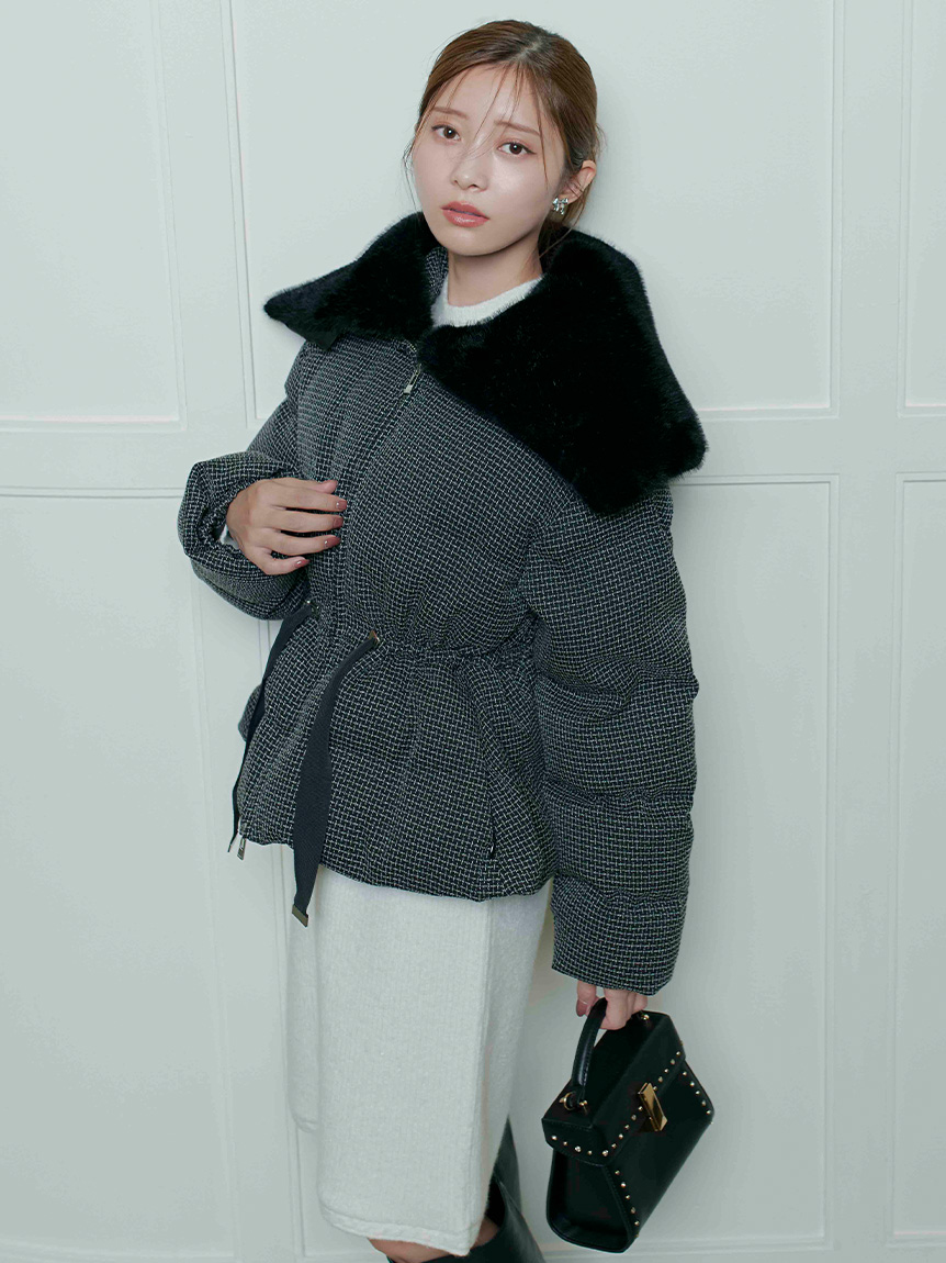 ファー襟付きツイードショートコート(コート)｜OUTER（アウター