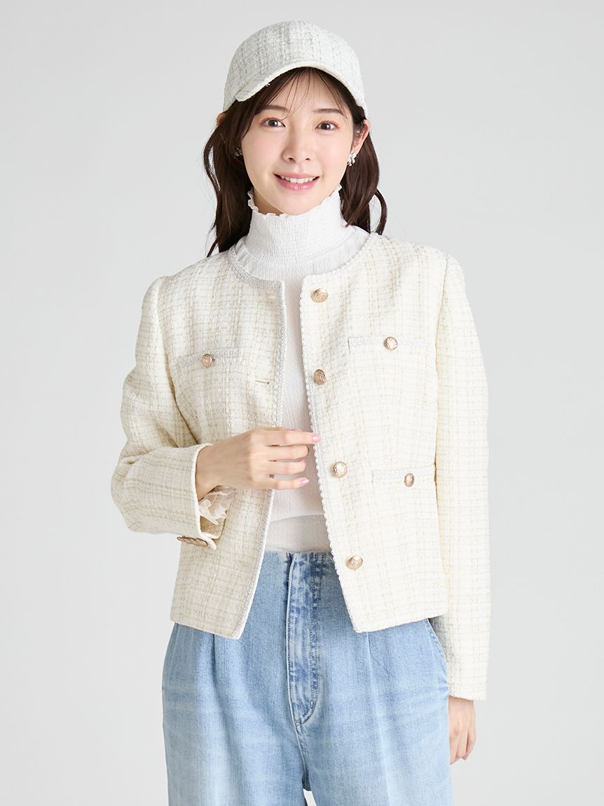 ミドル丈ノーカラーツイードジャケット(ジャケット・ブルゾン)｜OUTER