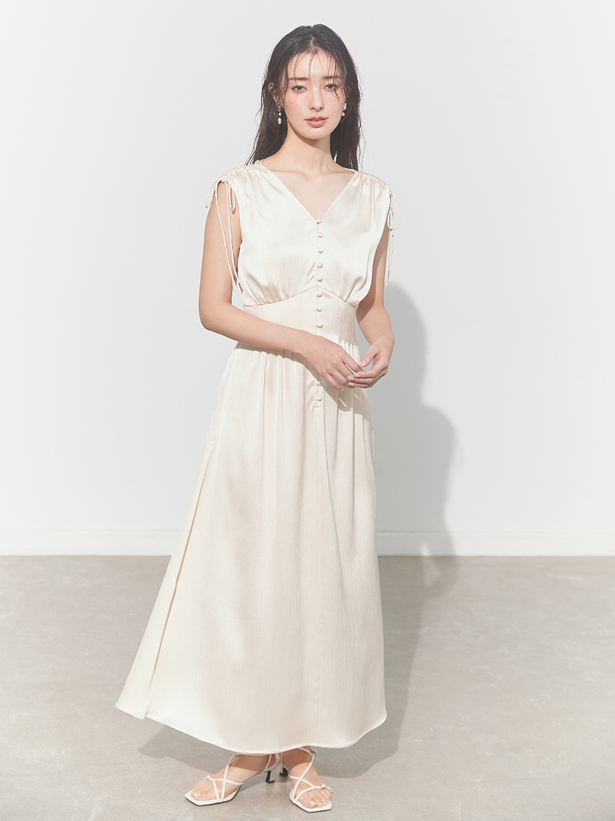 サテンタックフレアワンピース／ウォッシャブル(マキシ・ロング