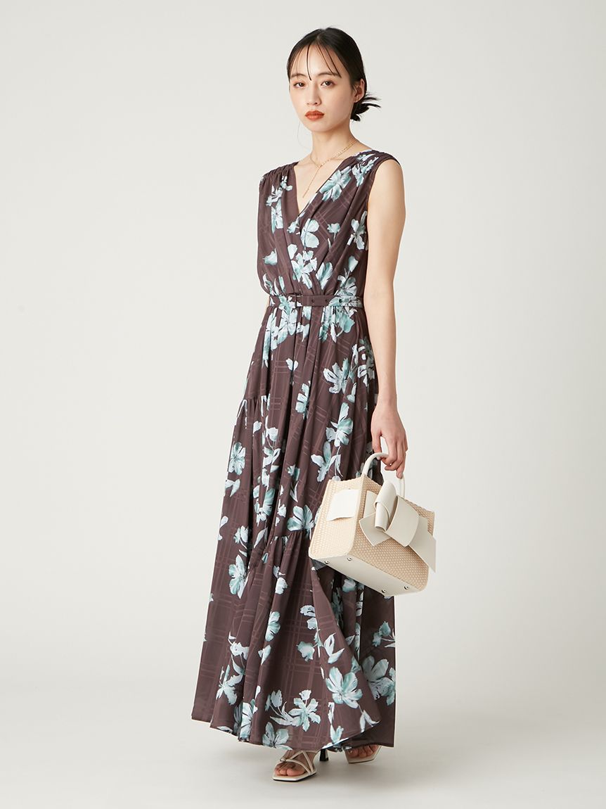 フラワープリントカシュクールワンピース／接触冷感(マキシ・ロング