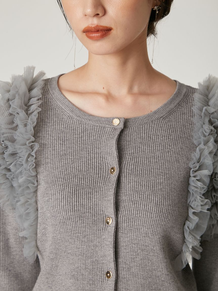 ショルダーチュールフリルニットカーディガン(カーディガン)｜トップス