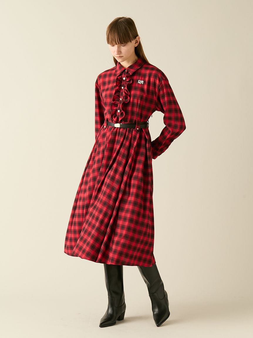 限定サイズ】ベルト付きフリルシャツワンピース(ロングワンピース