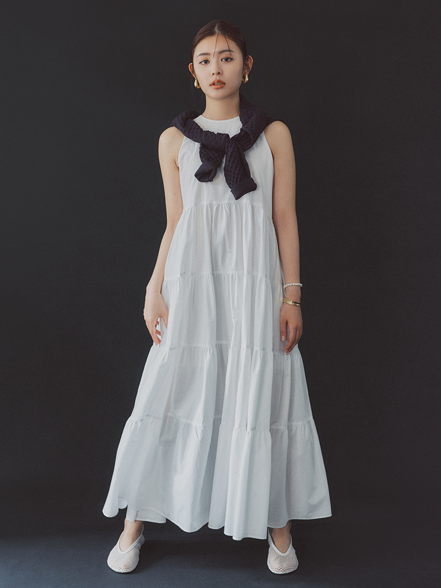 ウォッシャブル】クルーネックアメスリティアードロングワンピース