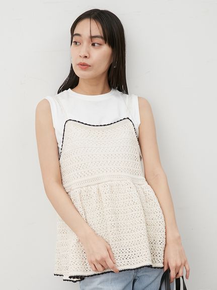 ウォッシャブル】クロシェニットキャミ×ノースリトップス(ニット