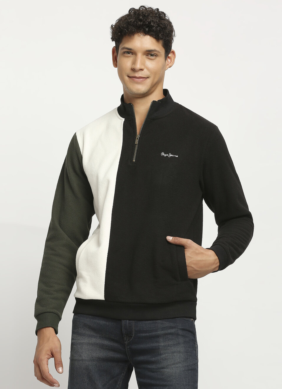 Black Colour Block Quarter Zip Sweatshirt | Pepe Jeans India