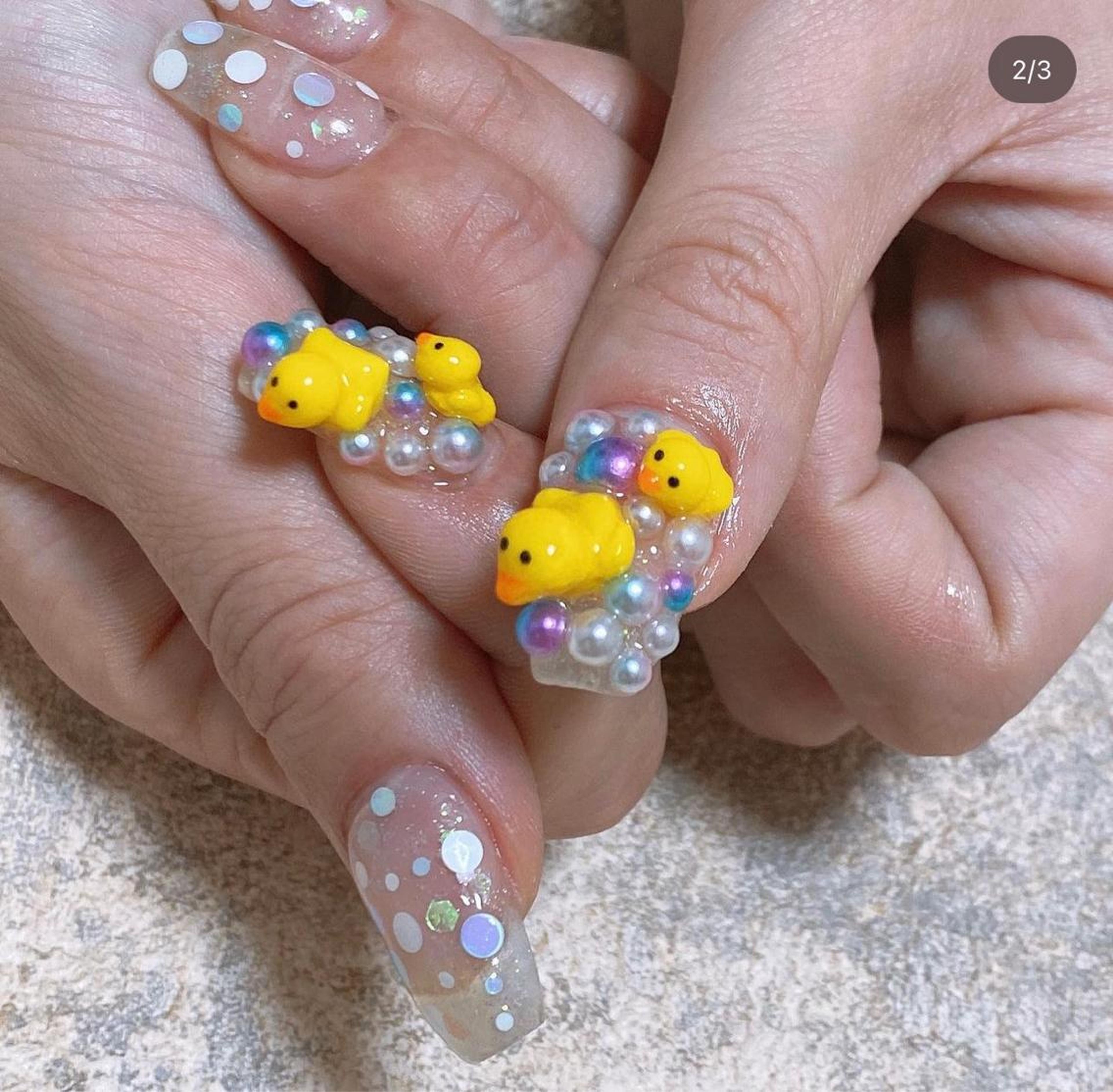3Dネイル ヒヨコネイル アヒルネイル 水玉ネイル お風呂ネイル｜coco