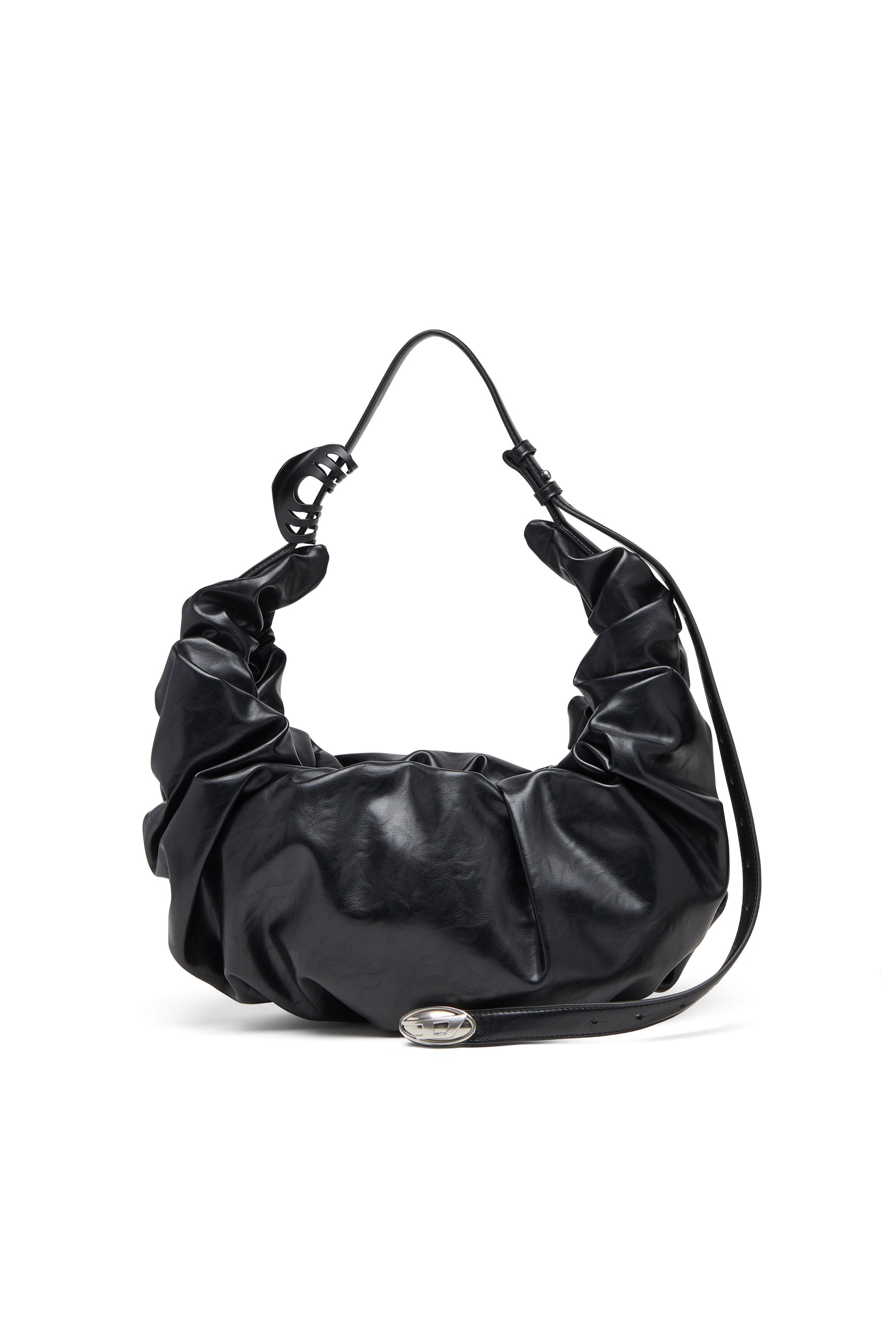 Women's Grab-D L-Large scrunched hobo bag in shiny PU | Black | Diesel
