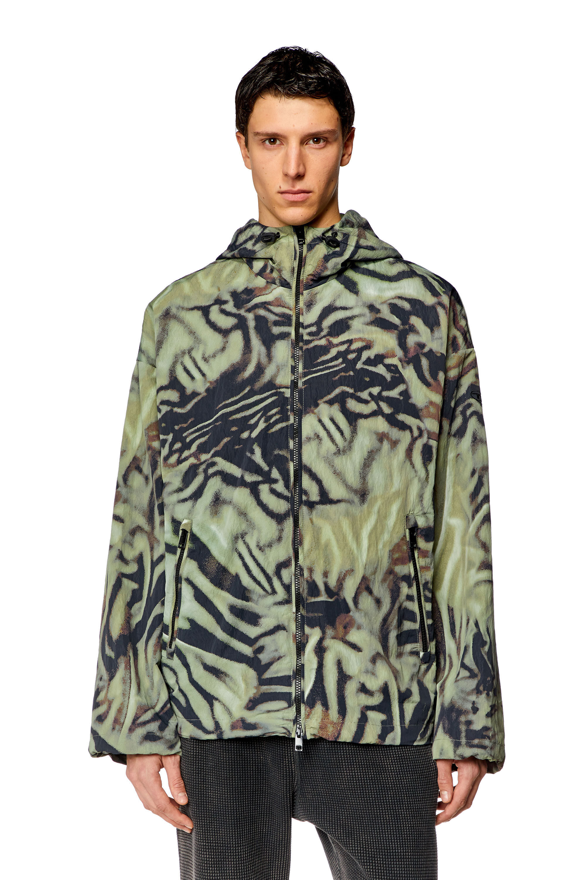 Men's Nylon windbreaker with camo-zebra print | Green | Diesel