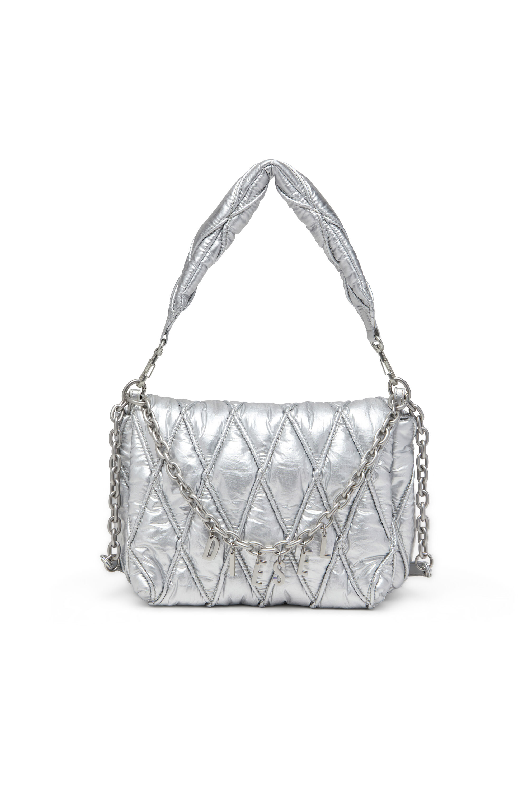 Women's Charm-D M-Shoulder bag in quilted metallic nylon | Silver