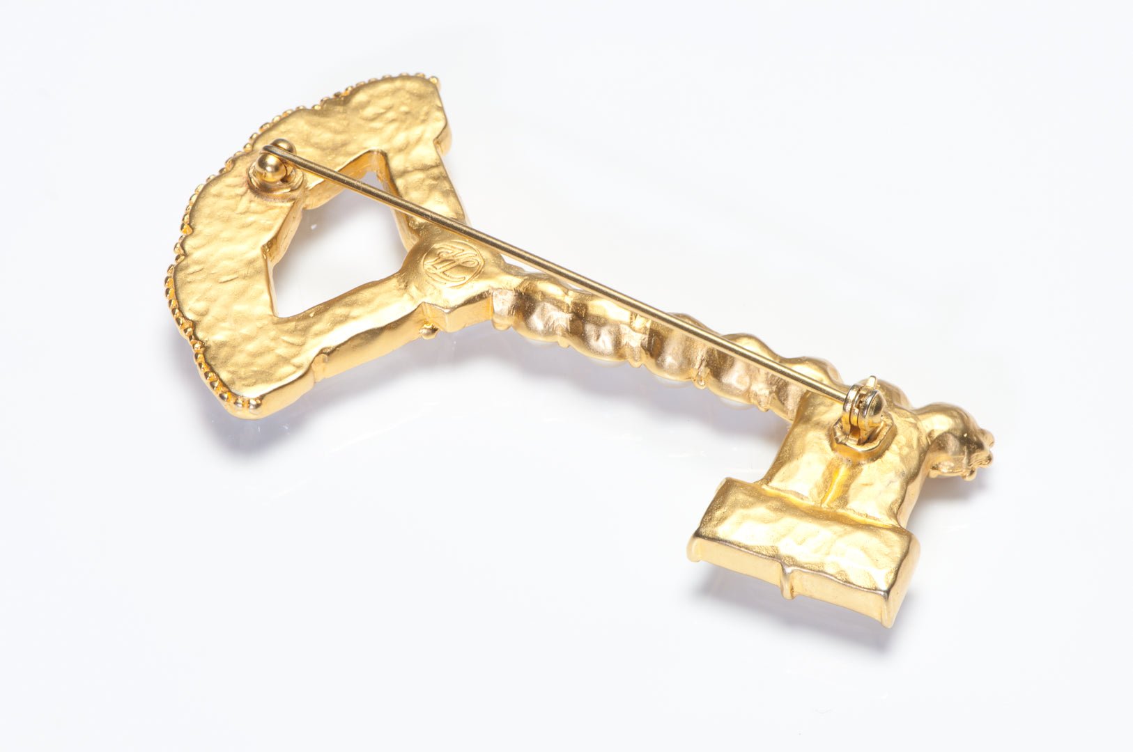 Vintage Karl Lagerfeld Paris Gold Plated Crystal Pearl Key Brooch