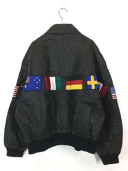 古着 90s Wilsons 万国旗 フラッグ パッチ 本革 オール レザー 襟付き