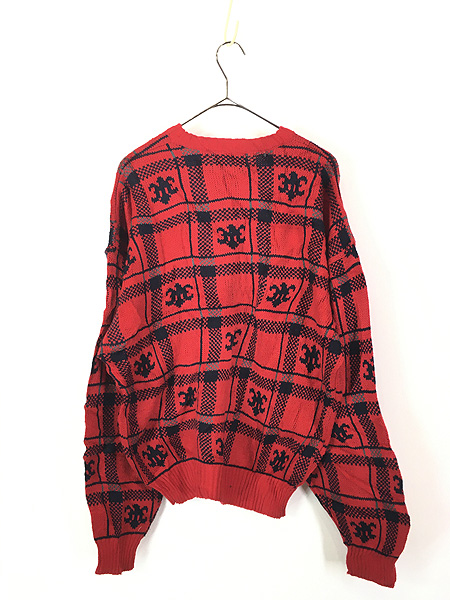 古着 80s GIVENCHY 紋章 マルチ チェック 総柄 アクリル ウール ニット