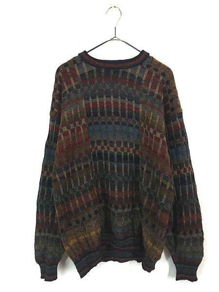 古着 90s ボリビア製 intiwara マルチ ブロック 総柄 100% アルパカ