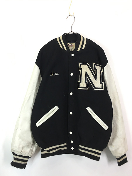 古着 90s USA製 DeLON 「N」 レタード 本革 レザー袖 メルトン ウール