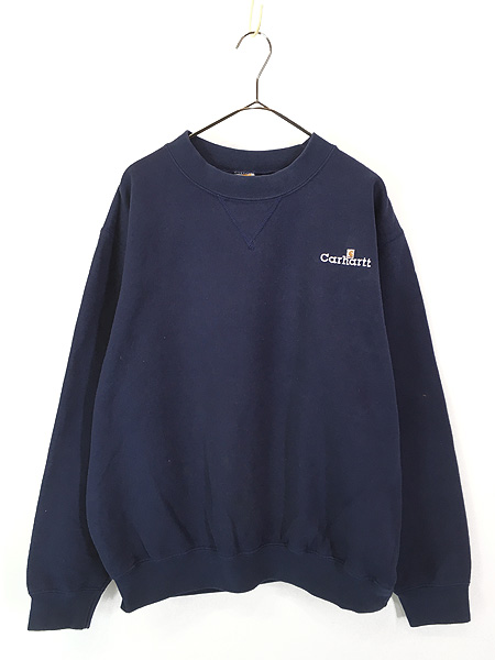 古着 90s Carhartt ワンポイント 前V スウェット トレーナー 紺 XL位