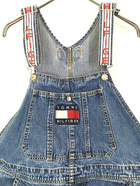 古着 90s TOMMY JEANS フラッグ ロゴ パッチ デニム オーバーオール L