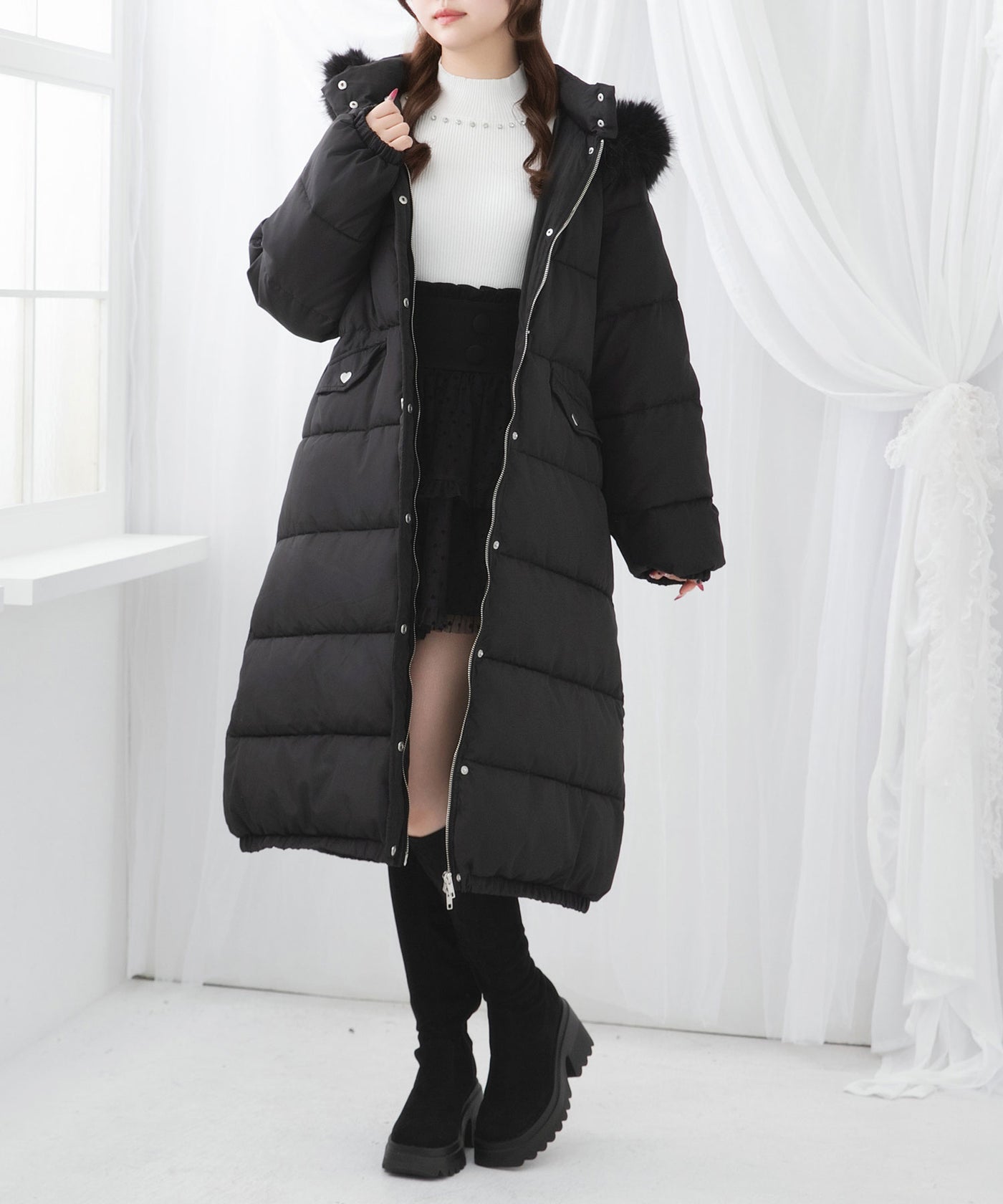 2buy20%OFFクーポン対象】ファー付きハートスタッズロングダウンコート