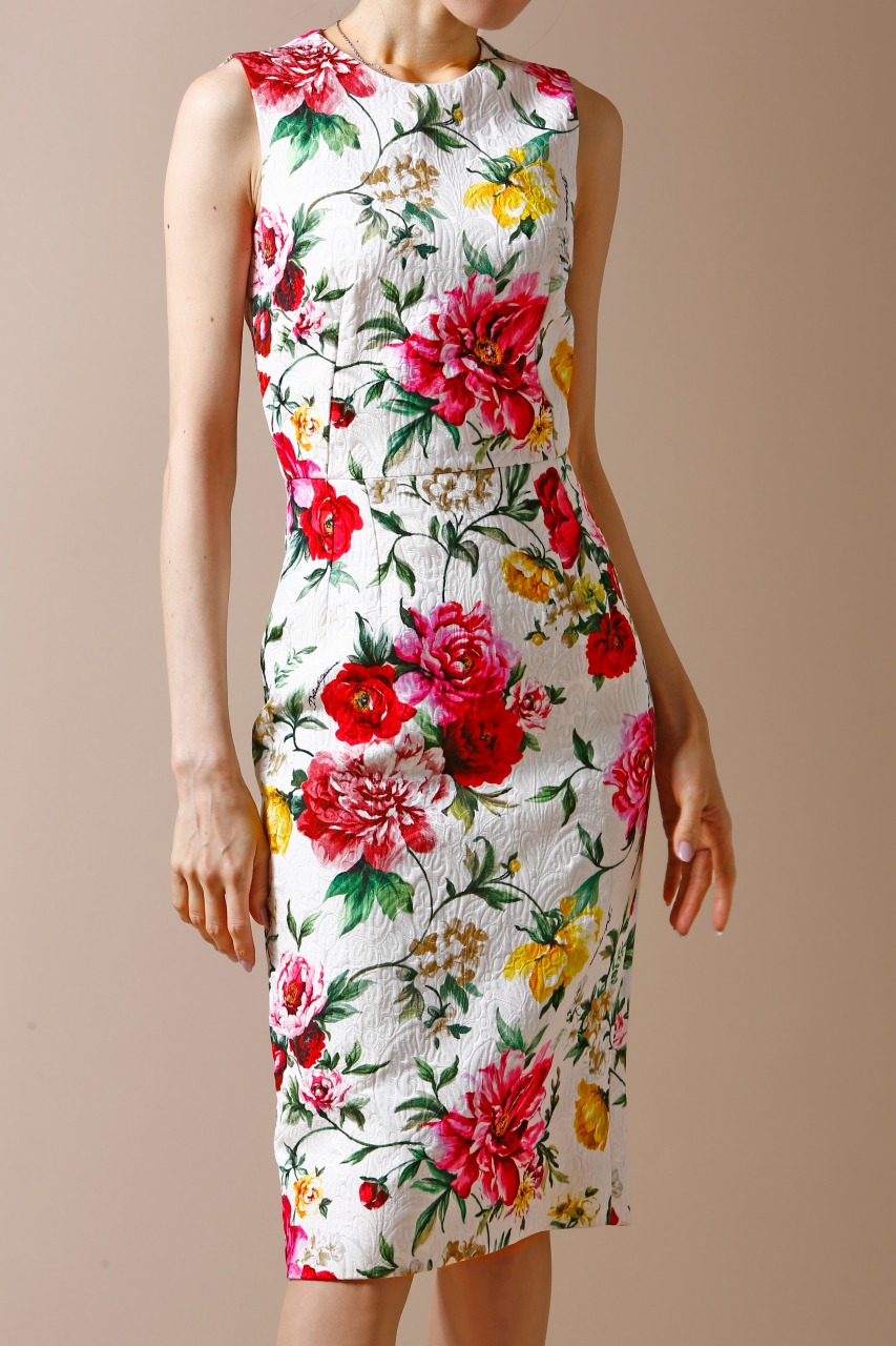 DOLCE＆GABBANA花柄ジャガードクルーネックノースリーブミニタイト