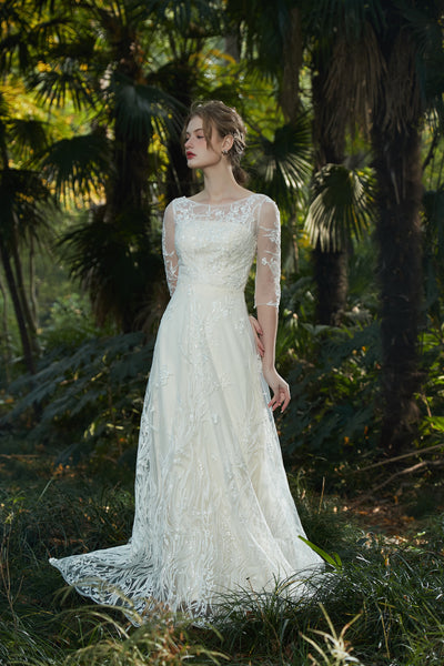 刺繍レース 七分袖 Aラインドレス（W213）