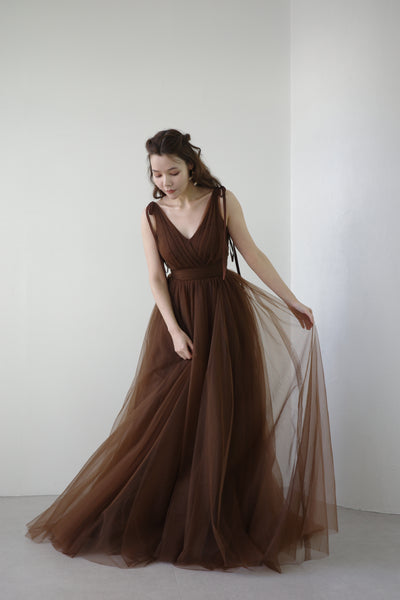リボンショルダー Vネック ブラウン チュールドレス（W271）
