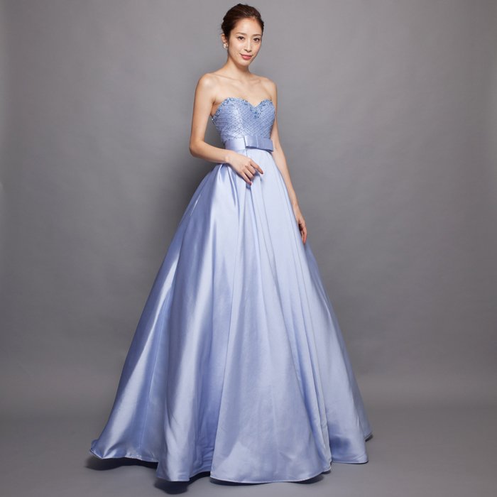 涼しげで爽やかなスカイブルー重厚厚手サテンビジューロングボリューム