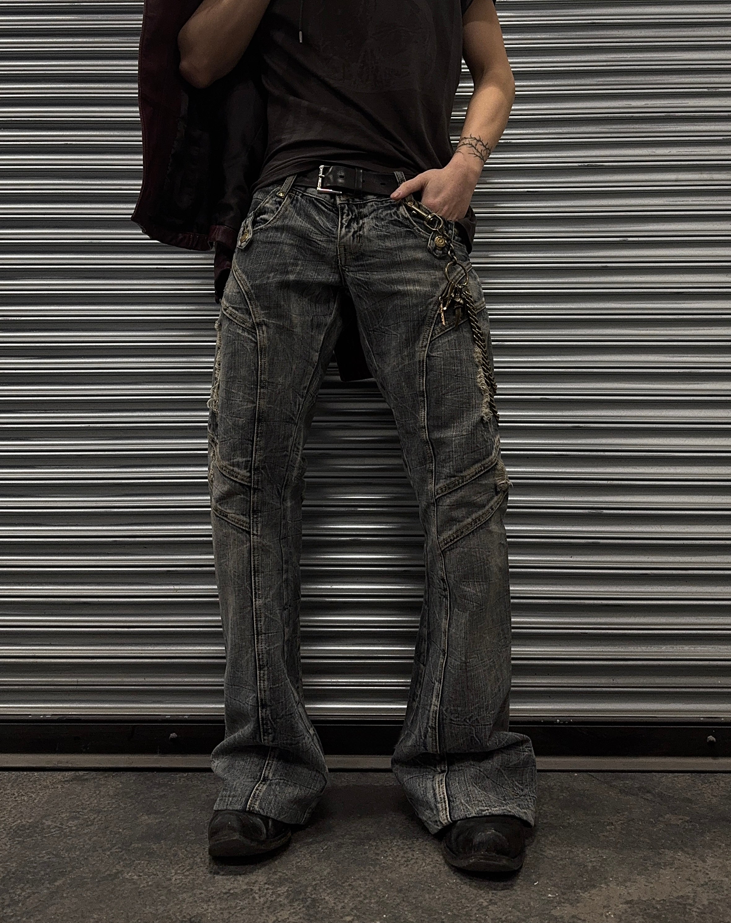 Tornado Mart Early 00s Faded Blue Distressed Flare Bootcut Denim