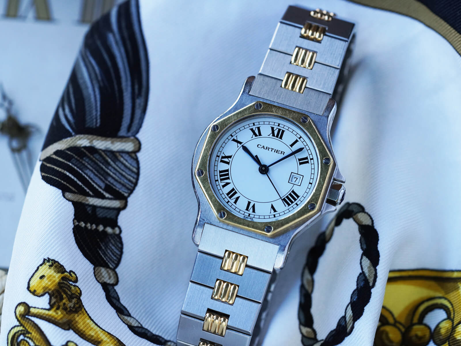 カルティエ/サントスオクタゴンLMデイト/ホワイトローマンダイヤル