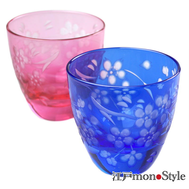 ペア】江戸切子・花切子ぐい呑み(桜/金赤＆青藍)【名入れ・メッセージ