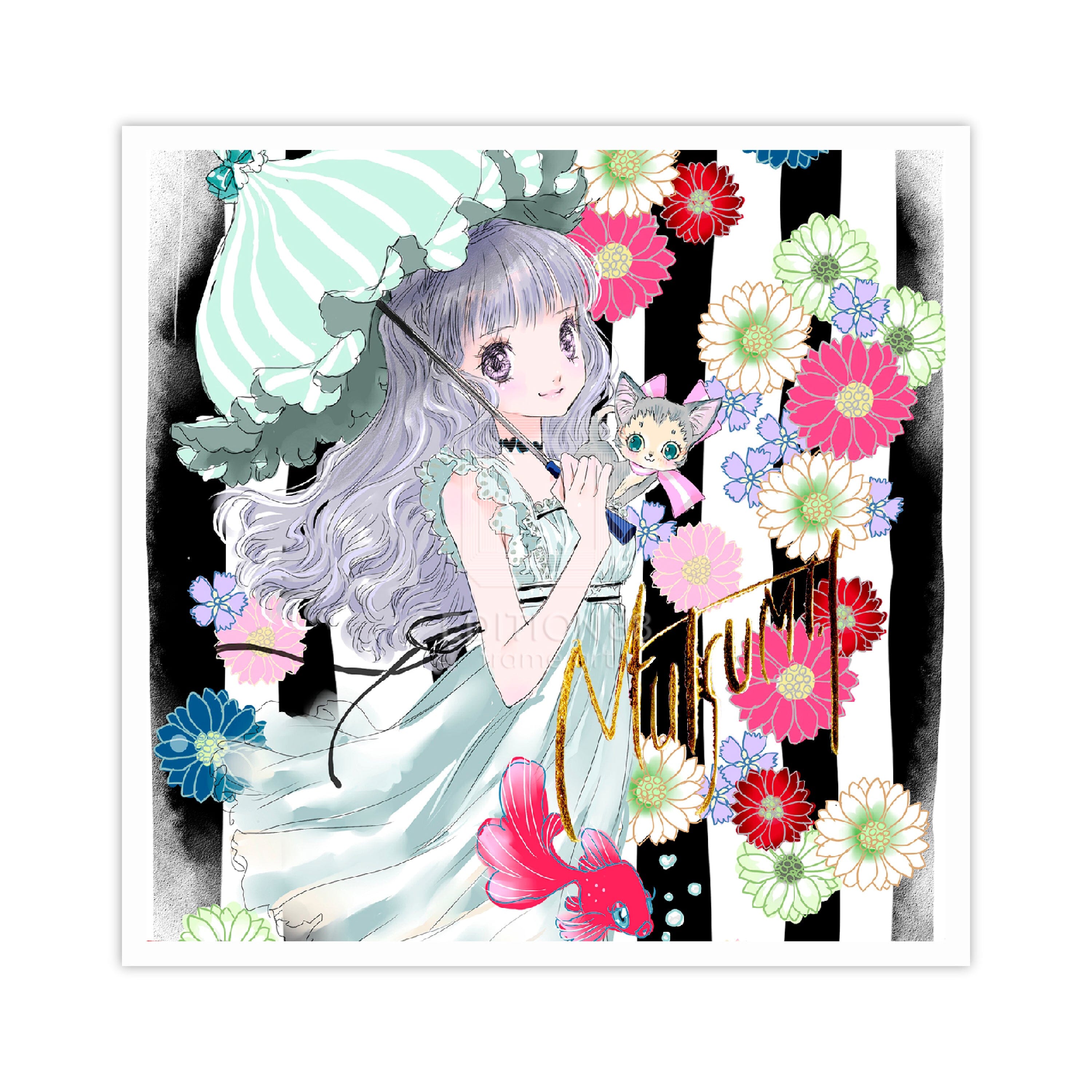 いのまたむつみ ミニ版画(猫)「青い花」直筆サイン入り/限定30枚