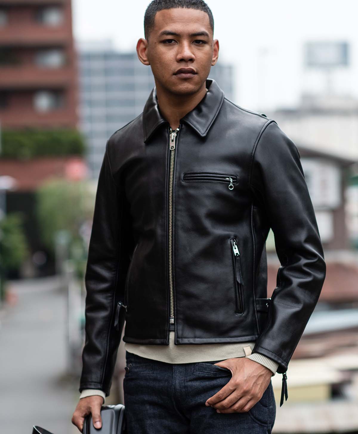 Single leather jacket with collar | Kadoya official online shop