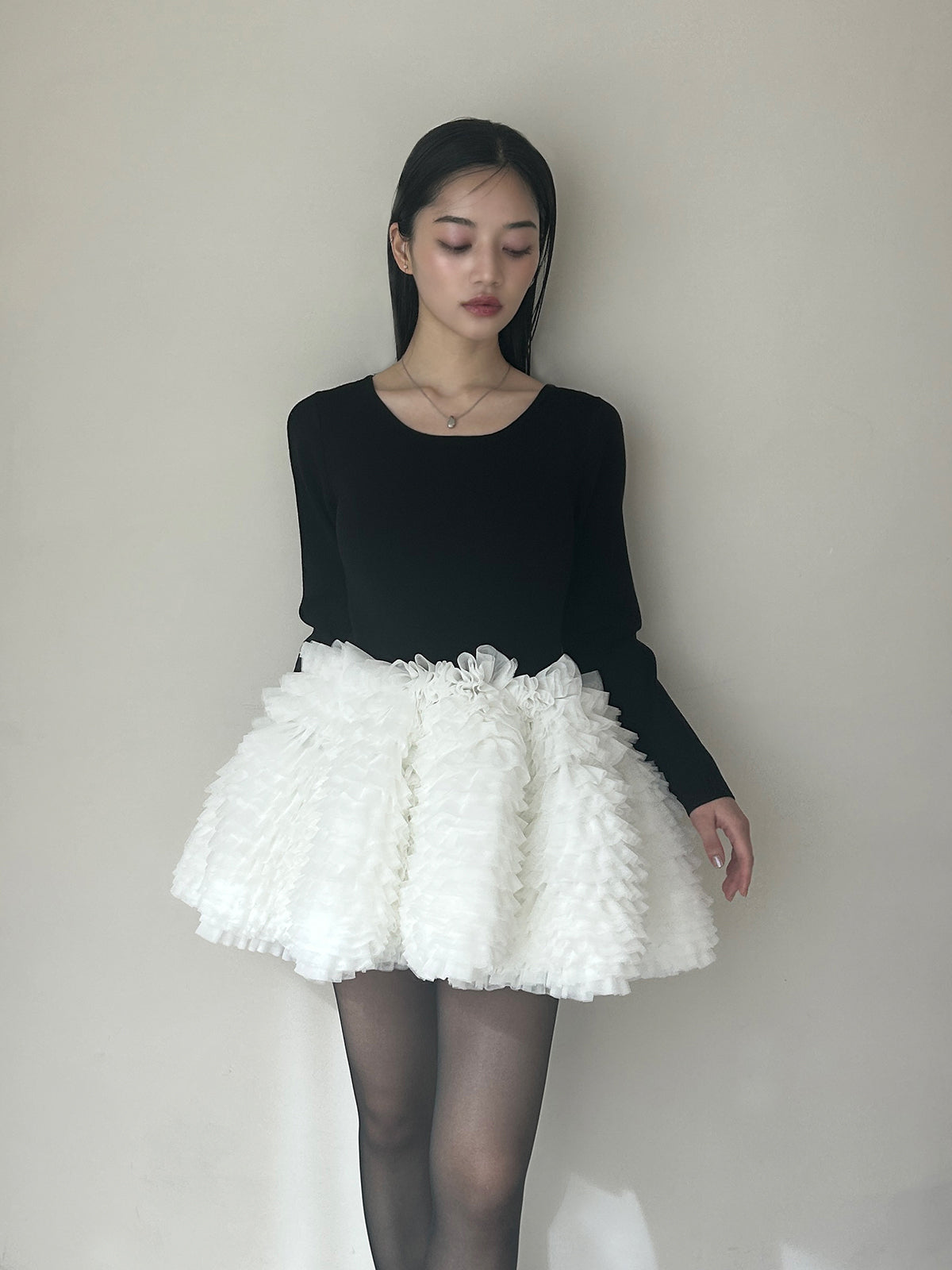 ボリュームチュールフリルニットワンピース