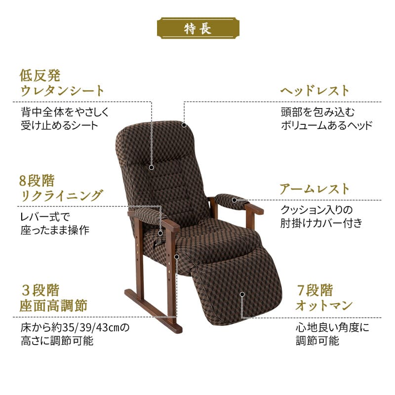 高座椅子 ゆるり オットマン付き リクライニング レバー式 一人用