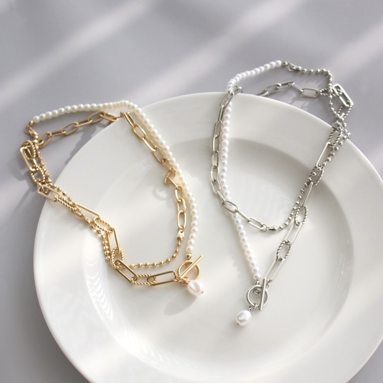 N-391) 2wayパール×デザインチェーンマンテルネックレス | ビーズ